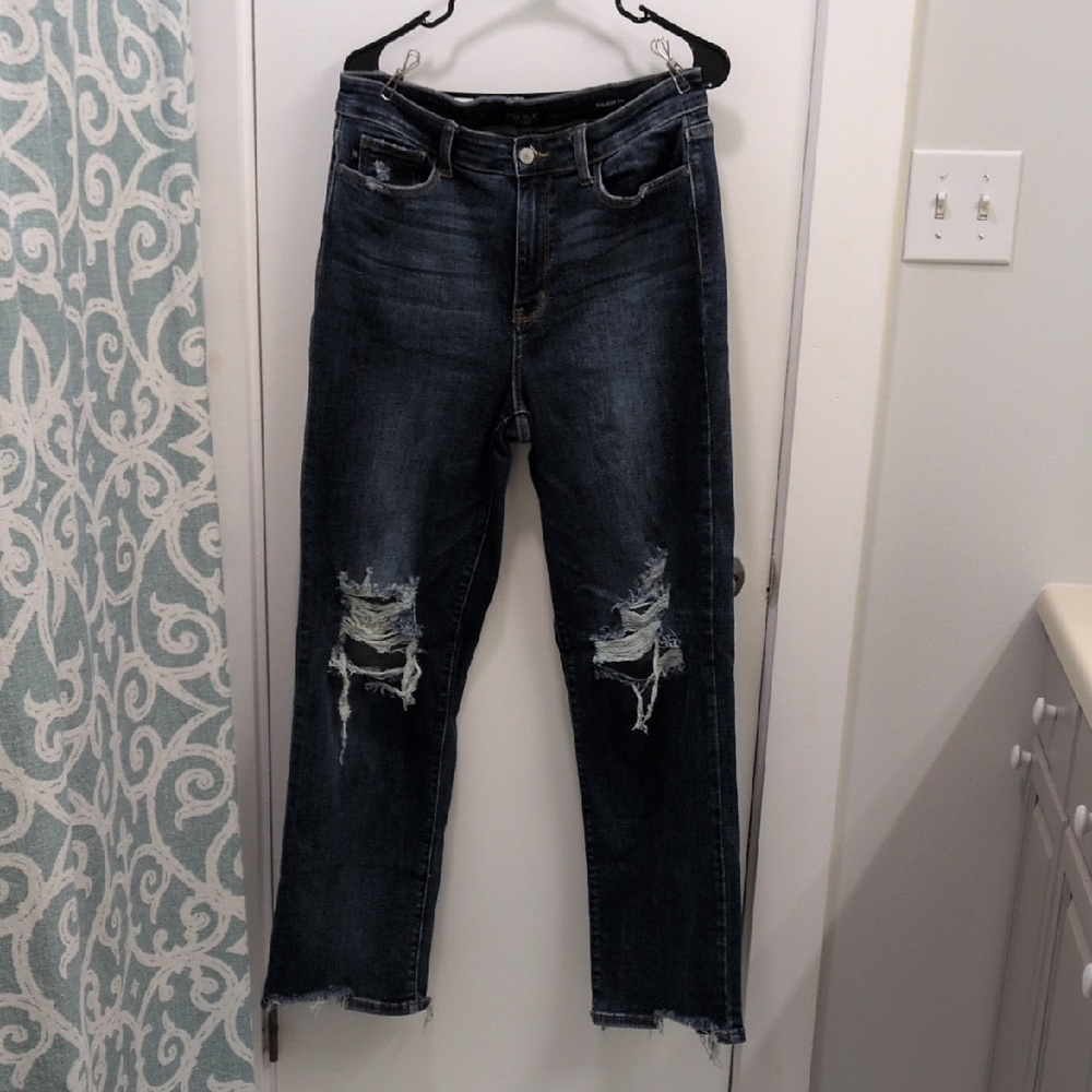 Judy Blue Dark Distressed Straight Leg Jeans, Size 31 (Size 14)